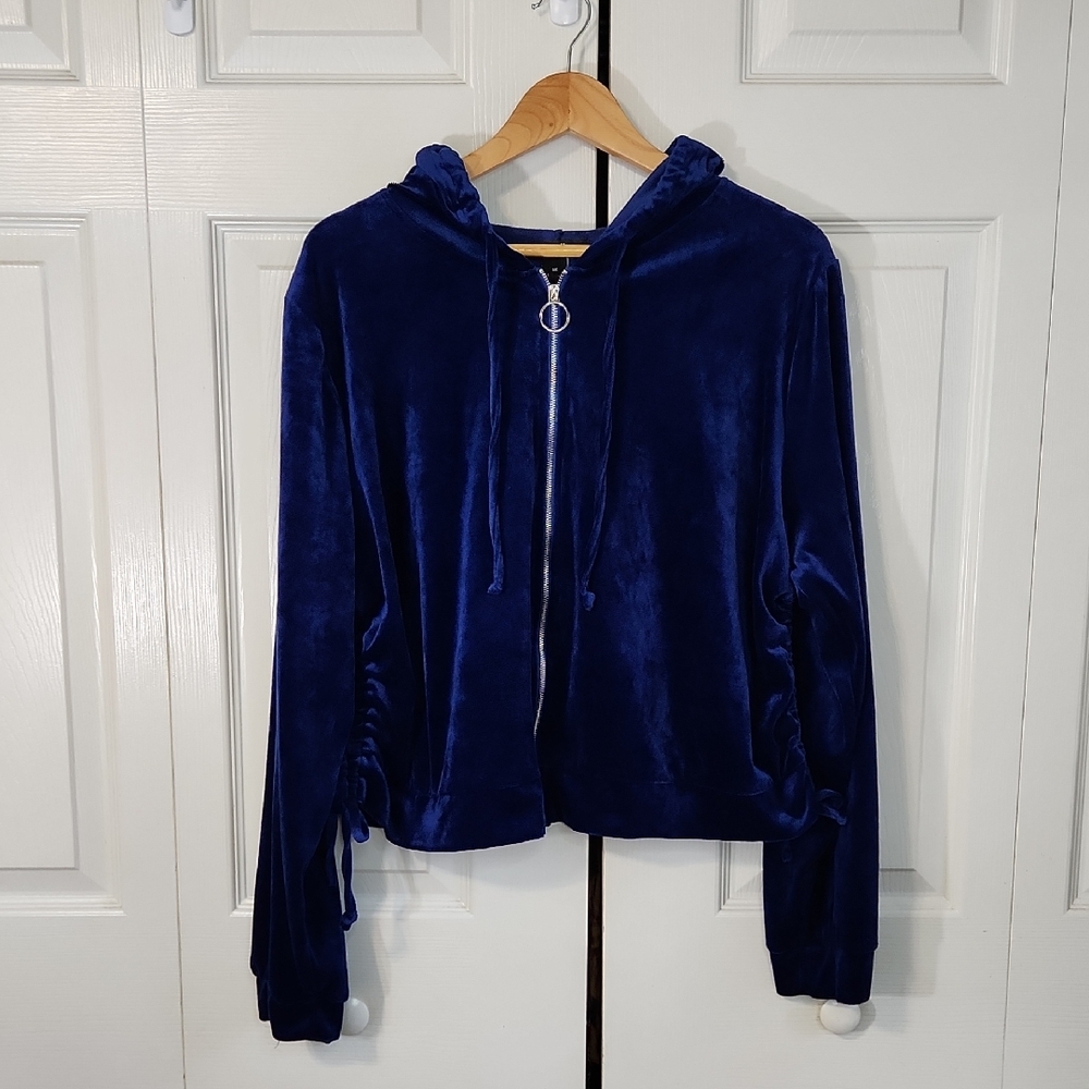 Arabella Womens‎ Blue Velour Full Zip Track Jacket Size XL Y2K Ruched Cropped